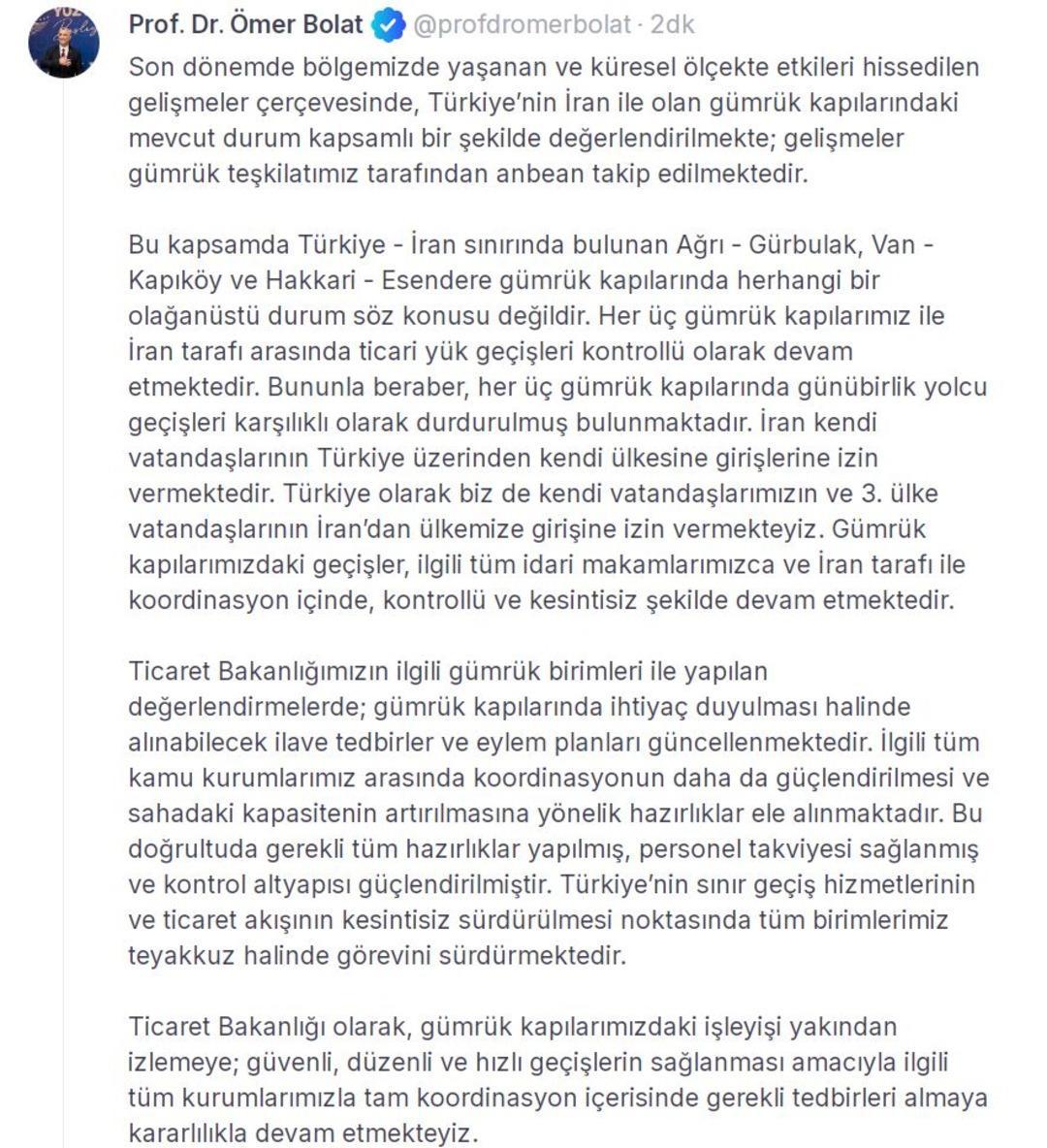 Bakan Bolat duyurdu: T&uuml;rkiye-İran arasında yolcu ge&ccedil;işleri durduruldu 2