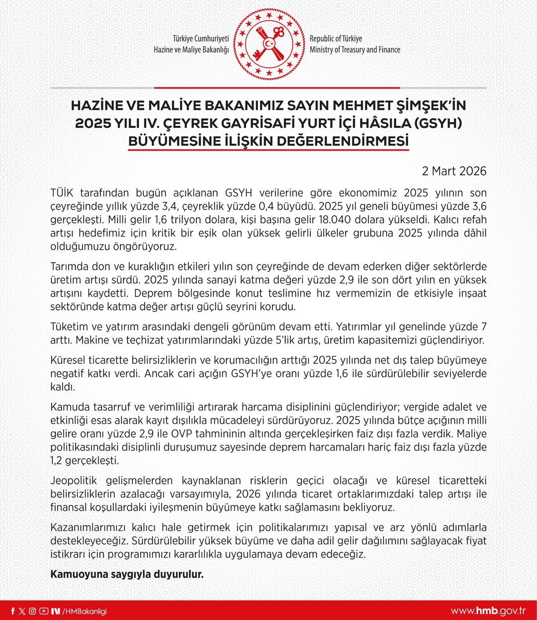 Bakan Şimşek ten  b&uuml;y&uuml;me  a&ccedil;ıklaması  Kişi başına gelir 18 bin 40 dolara y&uuml;kseldi  3