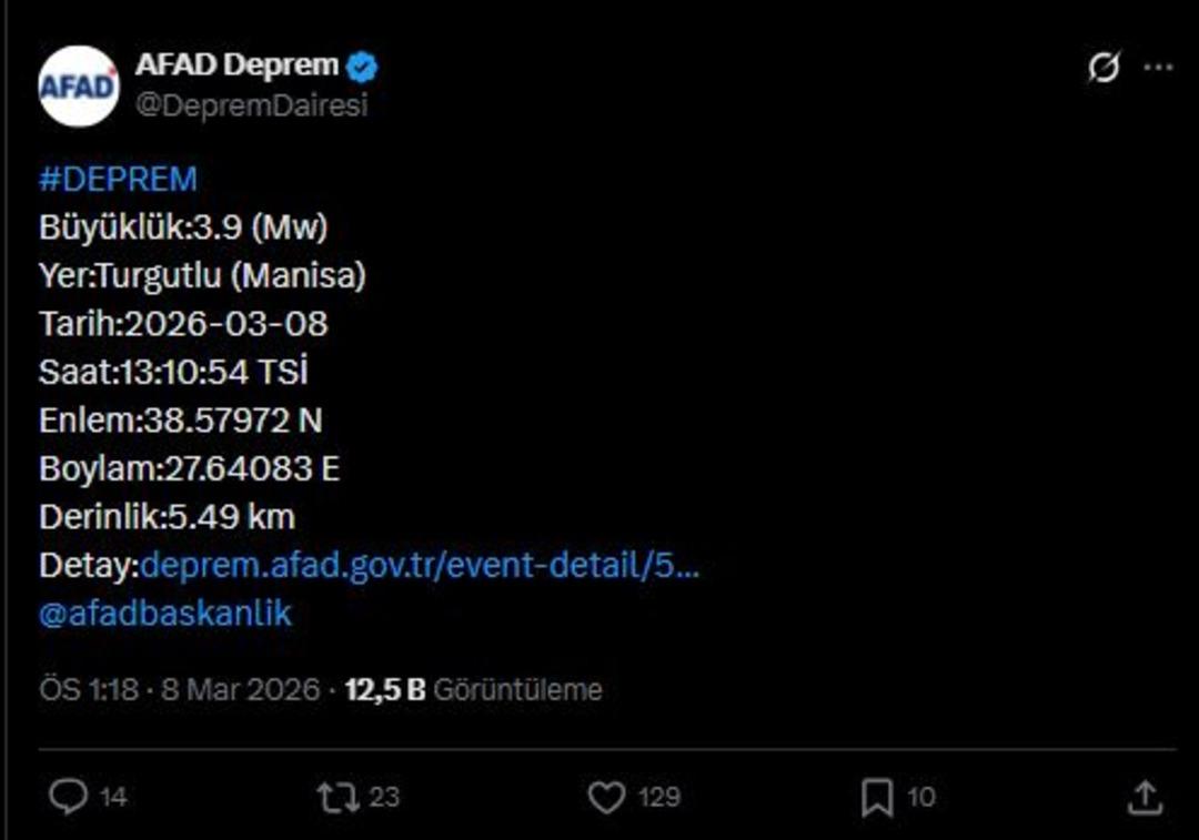 AFAD duyurdu! Manisa nın Turgutlu il&ccedil;esinde 3.9 b&uuml;y&uuml;kl&uuml;ğ&uuml;nde deprem meydana geldi 1