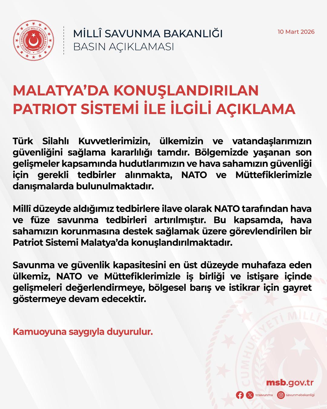 SON DAKİKA | Malatya ya Patriot konuşlandırılıyor! MSB duyurdu 2