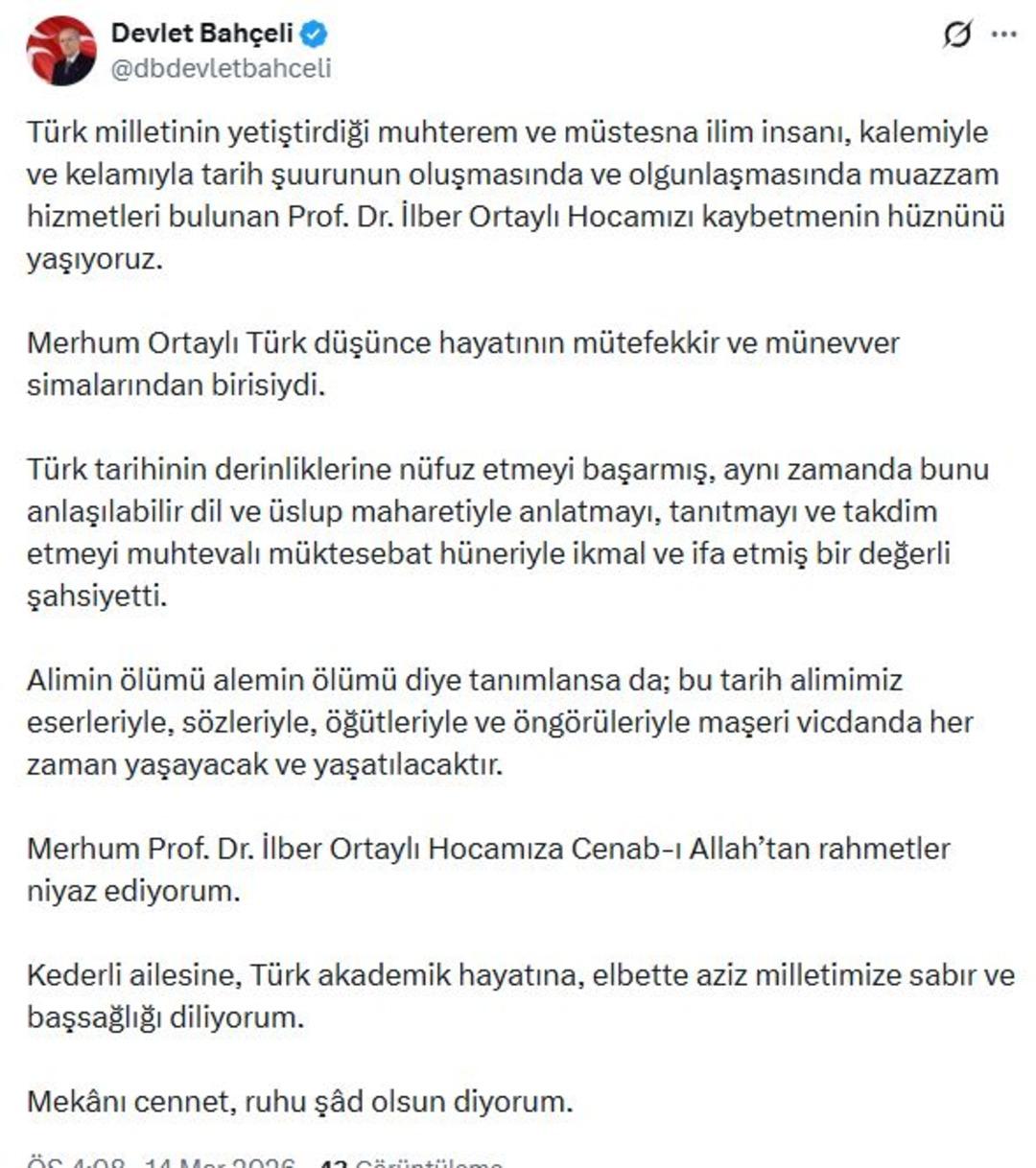 MHP lideri Bah&ccedil;eli den İlber Ortaylı i&ccedil;in taziye mesajı 1