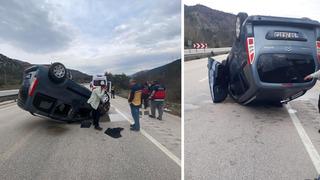 Direksiyon hakimiyetini kaybedince ters dönen araçtan sağ kurtuldu