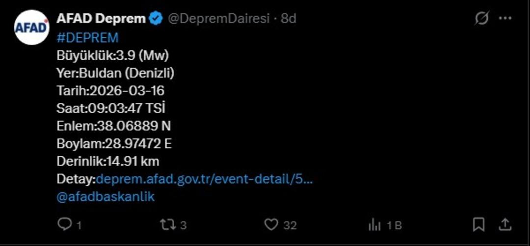 AFAD duyurdu! Denizli de 3,9 b&uuml;y&uuml;kl&uuml;ğ&uuml;nde deprem 1