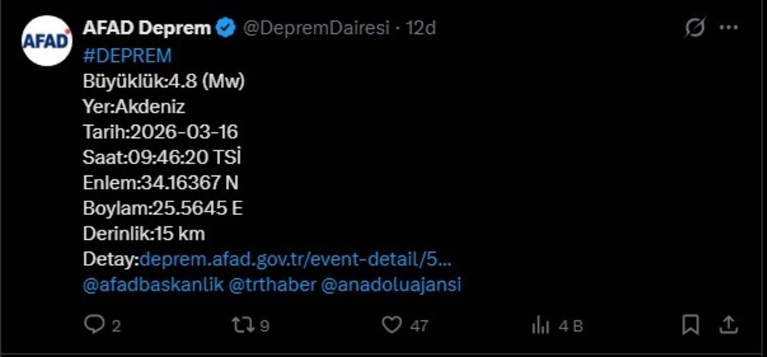 Akdeniz de 4,8 büyüklüğünde deprem 1