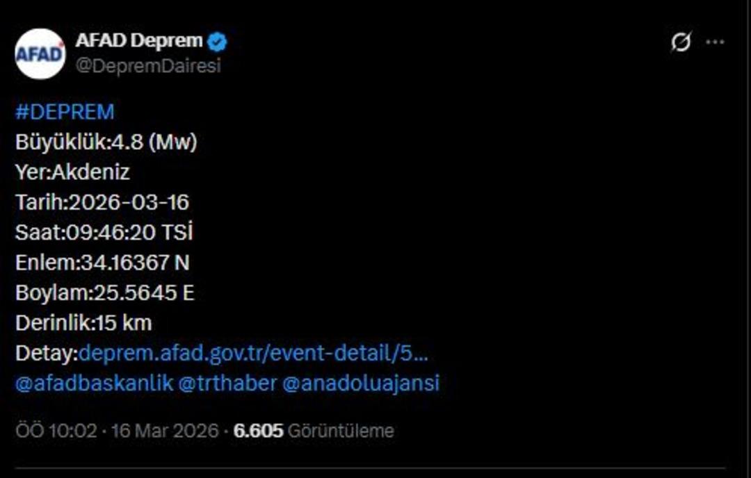 AFAD duyurdu! Akdeniz de 4.8 büyüklüğünde deprem 1