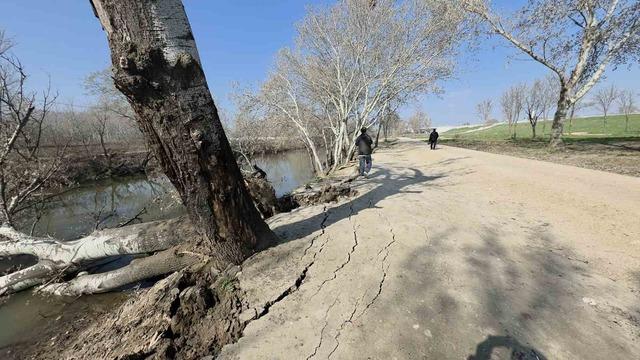 9 yıl sonra gelen taşkınlar zemini vurdu: Tunca Nehri&rsquo;ndeki kıyıda yarıklar oluştu 8