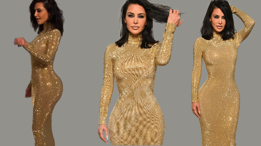 Kim Kardashian y&uuml;r&uuml;mekte zorlandı! Altın elbisesi ve dev topukları olay oldu