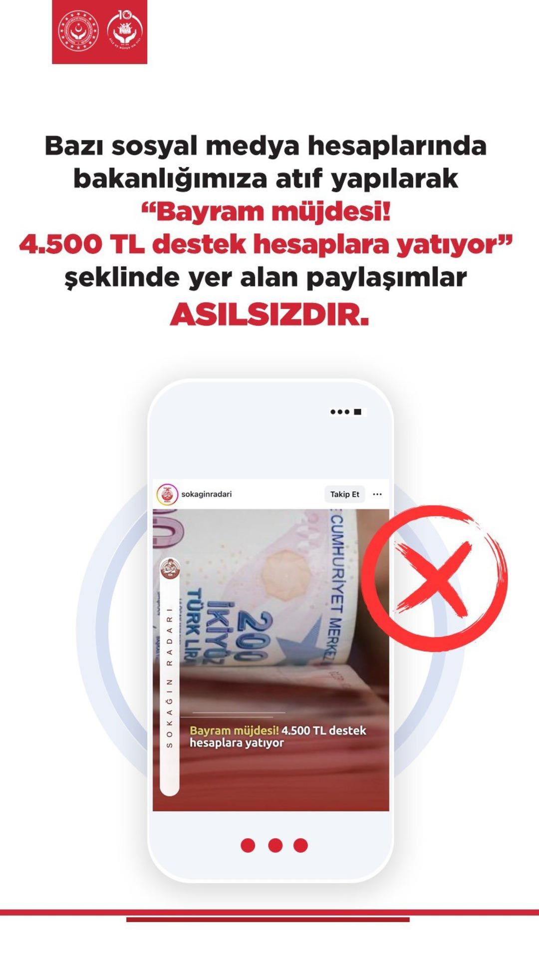 Bakanlıktan  Bayram m&uuml;jdesi, 4500 TL destek  paylaşımlarına a&ccedil;ıklama  Asılsız  1