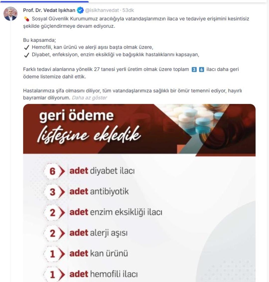 Bakan Işıkhan duyurdu: 36 ila&ccedil; daha SGK nın geri &ouml;deme listesinde 1