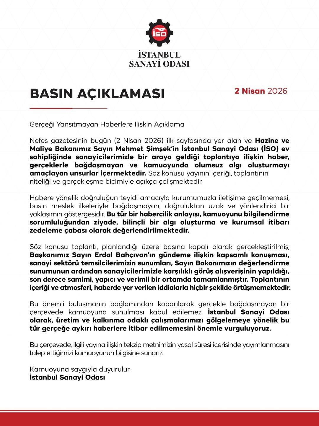 Mehmet Şimşek o s&ouml;zleri s&ouml;yledi mi? İstanbul Sanayi Odası&rsquo;ndan a&ccedil;ıklama geldi: &ldquo;Ger&ccedil;eğe aykırı haberlere itibar etmeyin&rdquo; 2