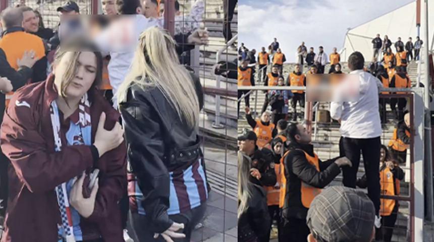 Trabzonspor taraftarı, Galatasaraylı kadın taraftarın &uuml;st&uuml;ndeki formayı &ccedil;ıkarttırdı!