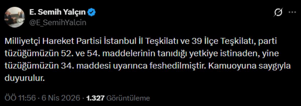Son dakika | MHP İstanbul dan &ccedil;arpıcı haber: İl ve 39 il&ccedil;e teşkilatı feshedildi 2