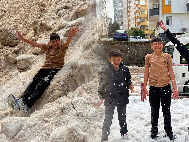 G&ouml;r&uuml;nt&uuml;ler T&uuml;rkiye'den: Nisan ayında &ccedil;ocuklar kar topu oynadı