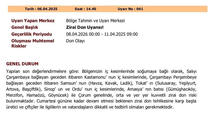 Zirai don uyarısı: Orta Karadeniz i&ccedil;in kritik g&uuml;nler