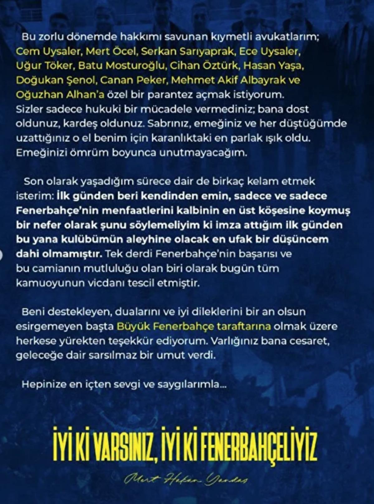 Mert Hakan Yandaş tan tepki &ccedil;eken teşekk&uuml;r mesajı! O ismi sildi, mesajda adını bile anmadı 5