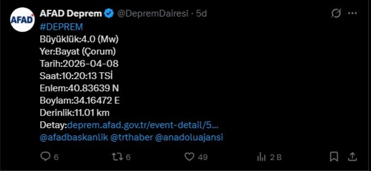 AFAD duyurdu! &Ccedil;orum da 4 b&uuml;y&uuml;kl&uuml;ğ&uuml;nde deprem 1