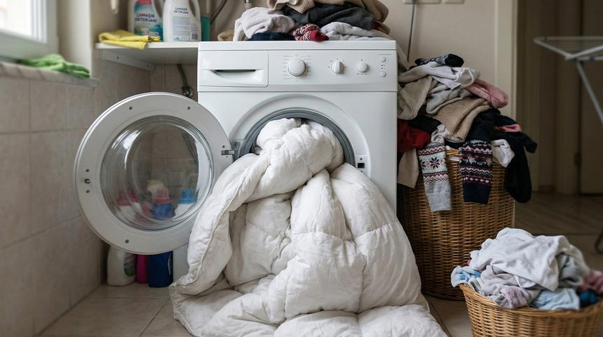 Bir t&uuml;rl&uuml; &ccedil;amaşır makinesine sığmayan yorganları yıkamanın en pratik yolu
