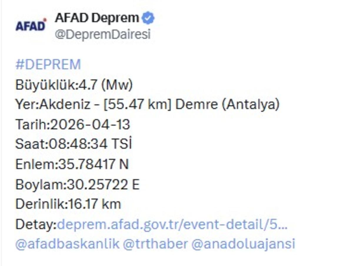 Antalya açıklarında 4.7 büyüklüğünde deprem! 1