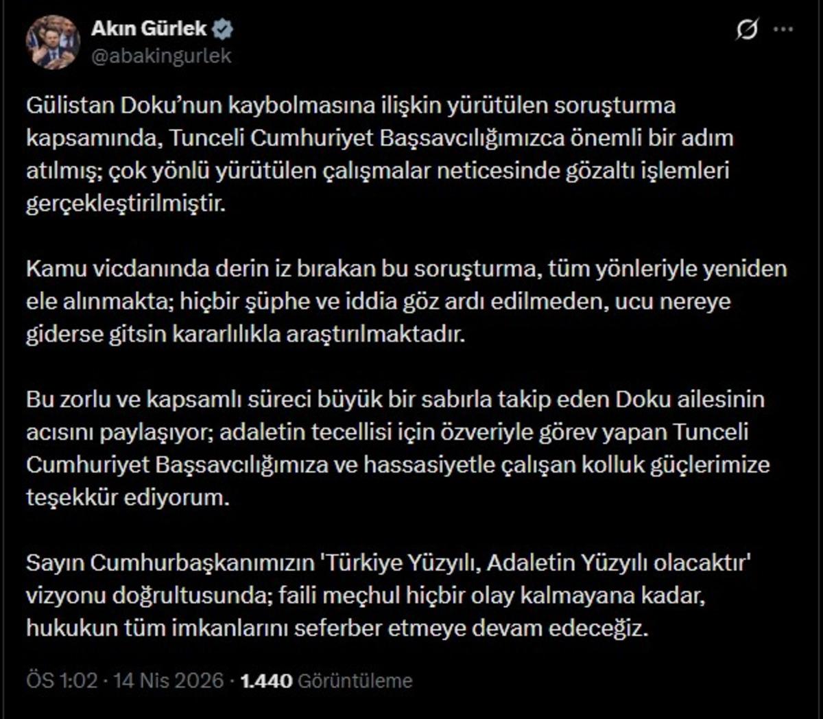 Bakan G&uuml;rlek ten G&uuml;listan Doku a&ccedil;ıklaması: "Ucu nereye giderse gitsin kararlılıkla araştırılmaktadır" 2