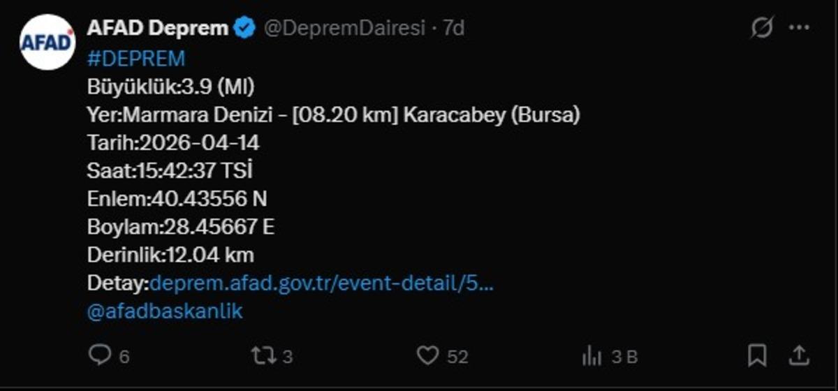 AFAD duyurdu! Marmara Denizi nde 3.9 büyüklüğünde deprem 1
