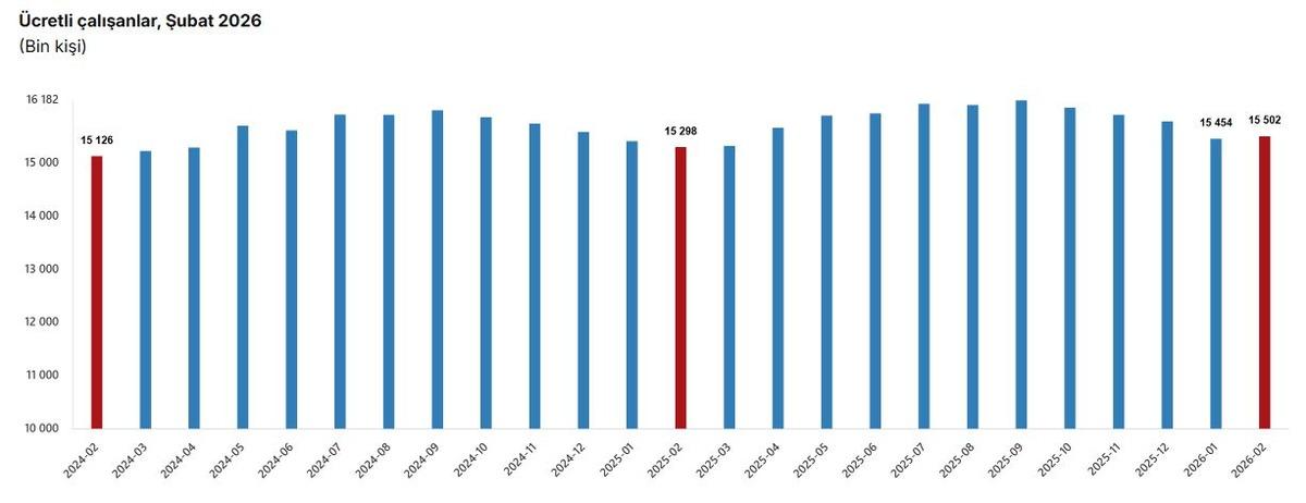 TÜİK açıkladı! Ücretli çalışan sayısı şubatta yüzde 1,3 arttı, Görsel 1