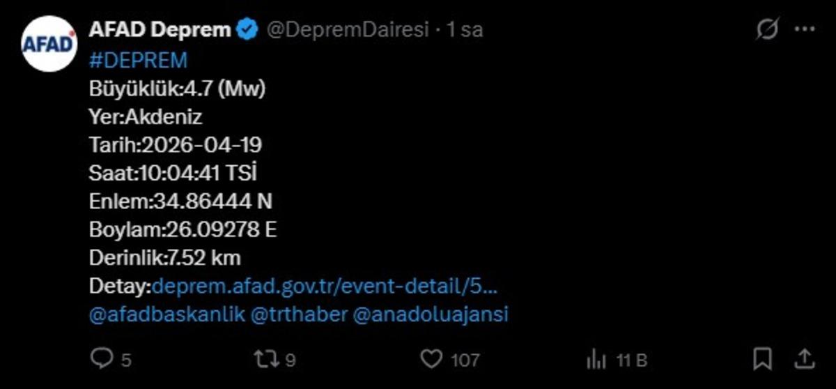 AFAD duyurdu! Akdeniz de 4,7 lik deprem 1