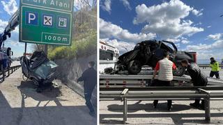 TEM’de yön levhasına saplanan araç bu hale geldi: Sürücüsü yaralı kurtuldu