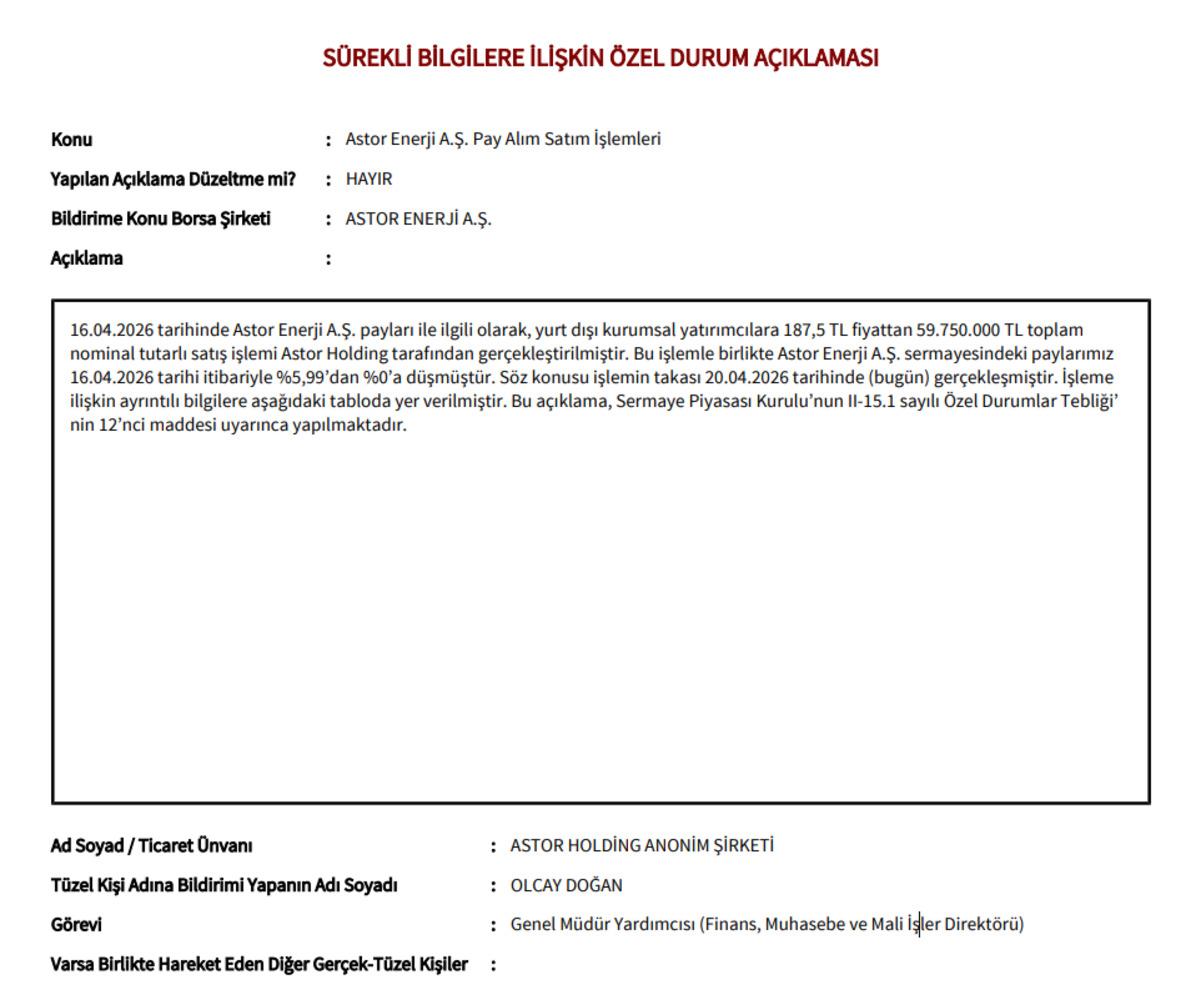 Astor Holding, Astor Enerji deki t&uuml;m payını sattı, hisseler pozitif, G&ouml;rsel 1