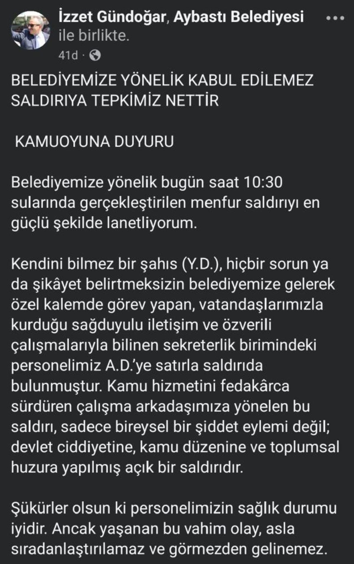 Belediye binasında başkanın sekreterine satırlı saldırı! 1