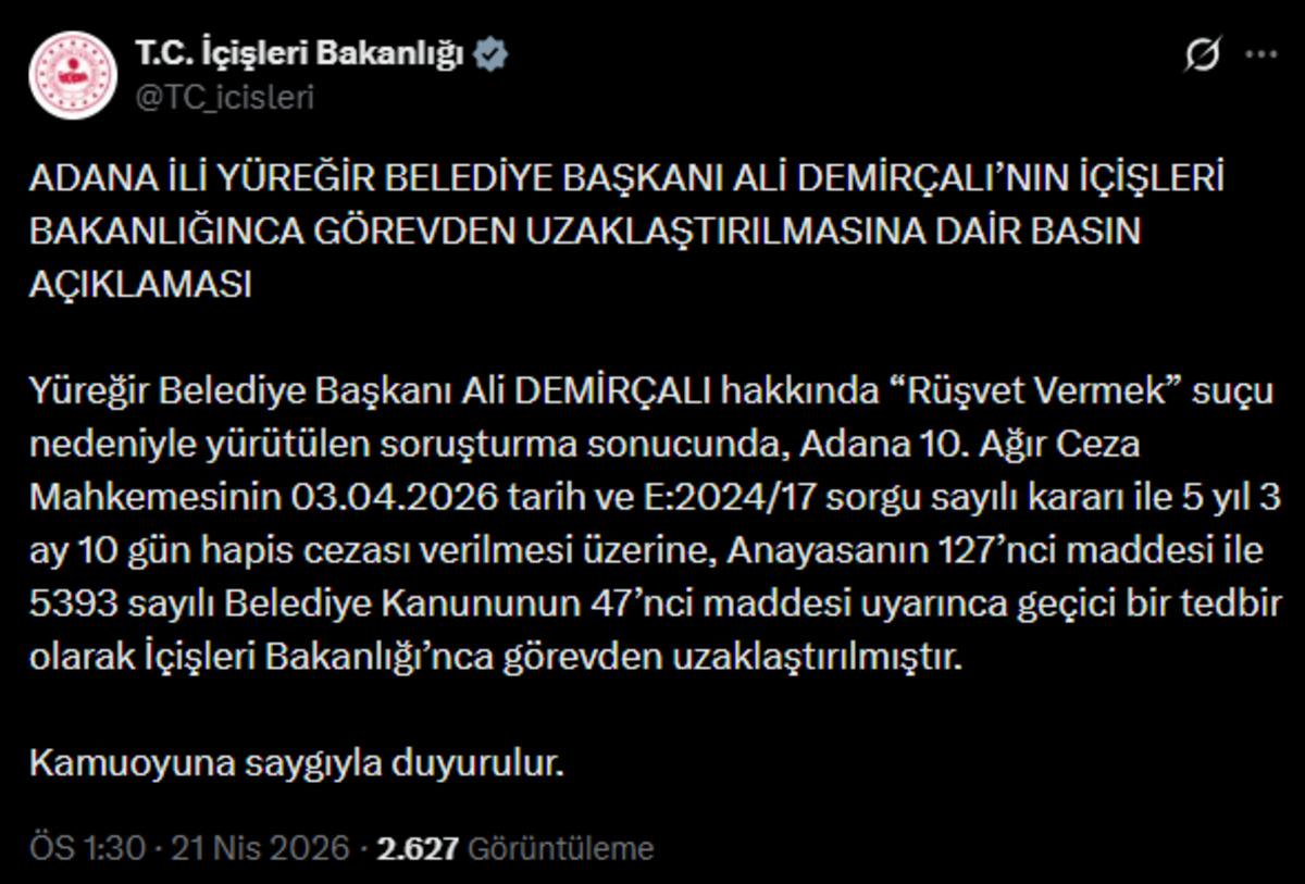 Y&uuml;reğir Belediye Başkanı Ali Demir&ccedil;alı g&ouml;revinden uzaklaştırıldı 1