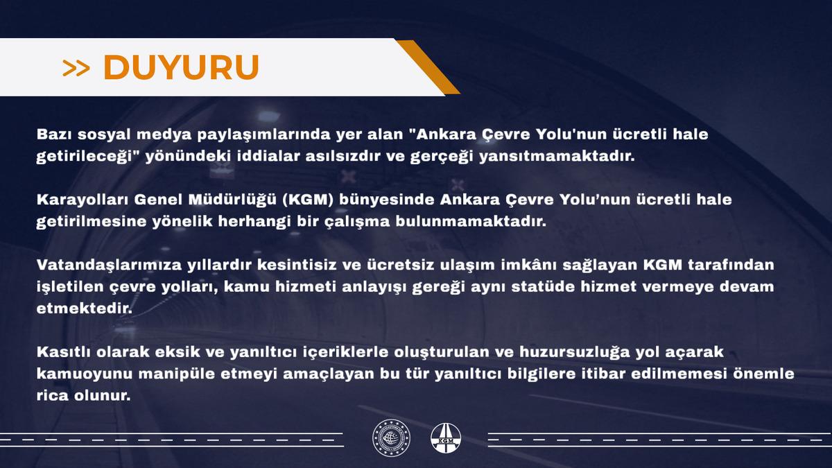  Ankara &Ccedil;evre Yolu nun &uuml;cretli hale getirileceği  iddiasına KGM den net yanıt 1