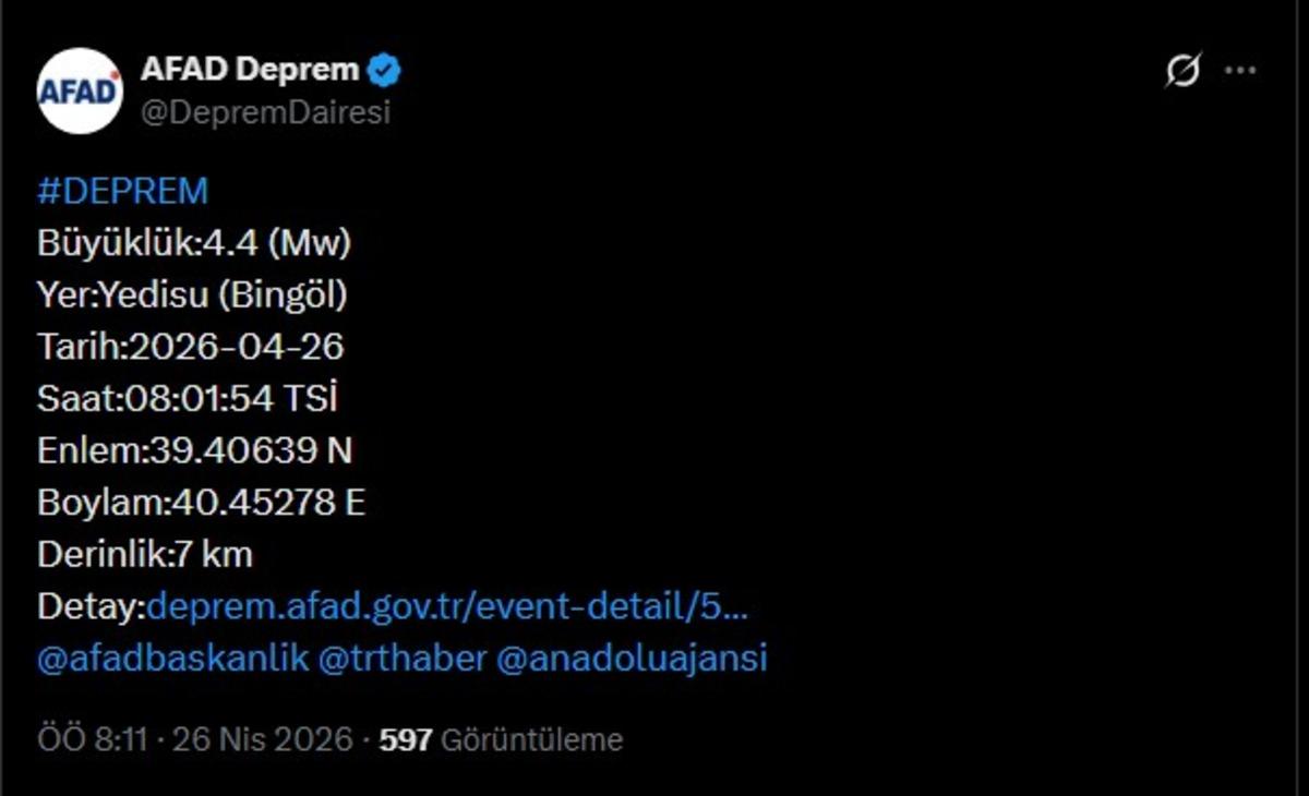 AFAD duyurdu! Bing&ouml;l de 4,4 b&uuml;y&uuml;kl&uuml;ğ&uuml;nde deprem 1