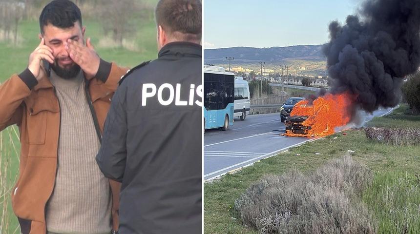 Otomobili alev alan s&uuml;r&uuml;c&uuml; g&ouml;zyaşlarını tutamadı