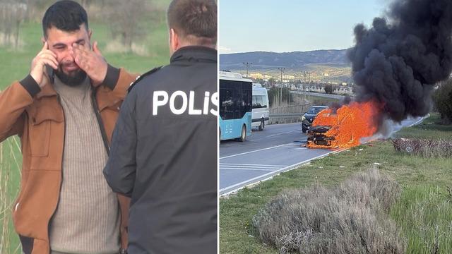 Otomobili alev alan sürücü gözyaşlarını tutamadı
