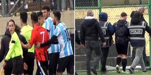Saha ortasında hakemi yumruklayan futbolcu g&ouml;zaltına alındı