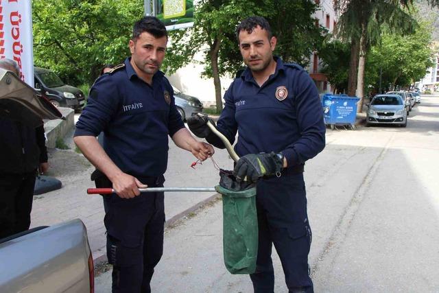 Otomobilin i&ccedil;ine giren 1,5 metrelik yılanı itfaiye erleri yakaladı 2