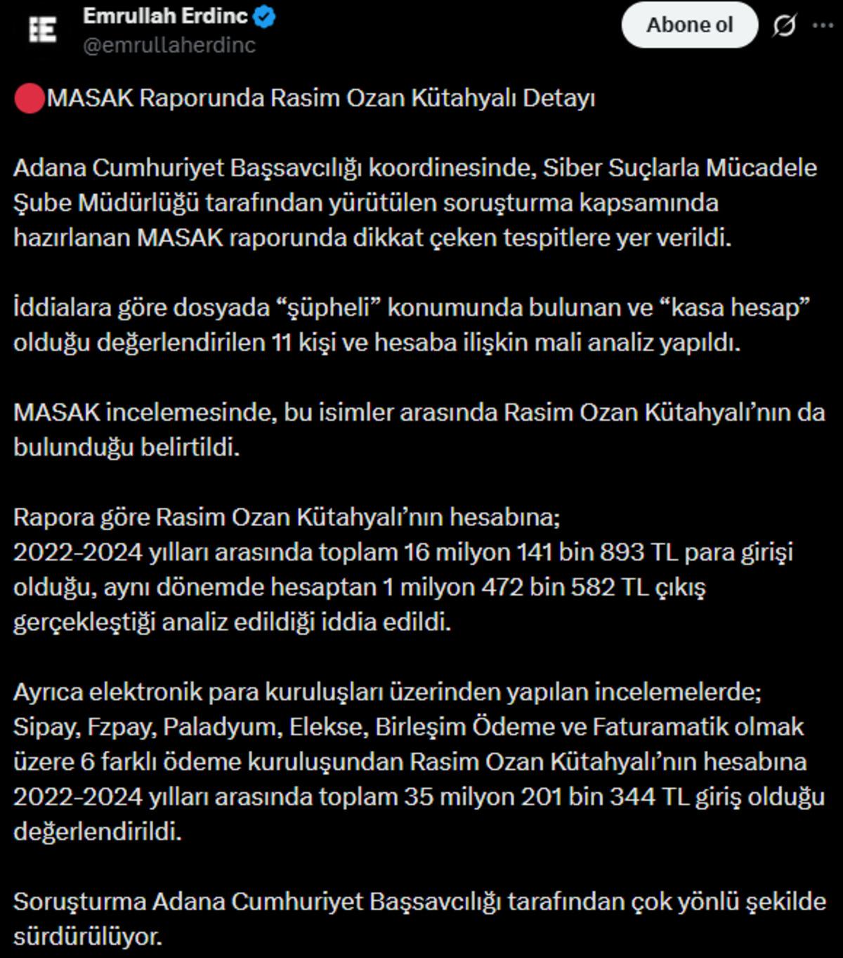 Rasim Ozan K&uuml;tahyalı ya 6 kuruluştan 35 milyon TL para yağmış 7