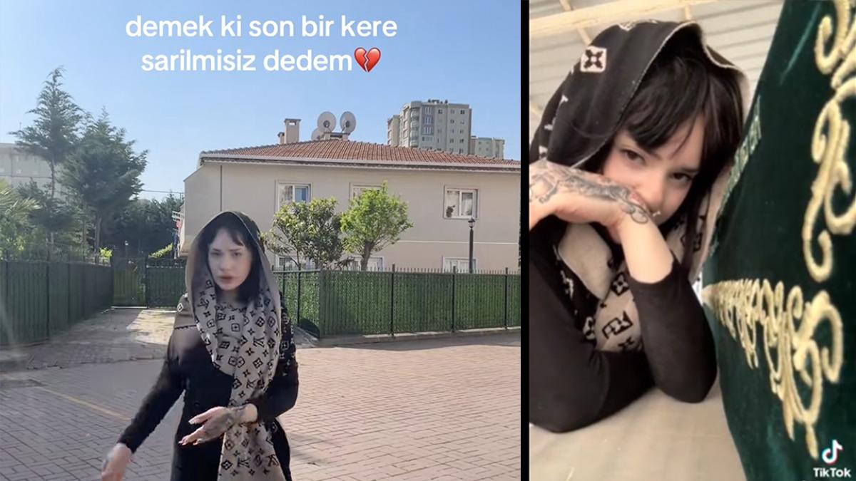 Bir kadın dedesinin cenazesinde tabutun yanında şarkıyla klip çekti