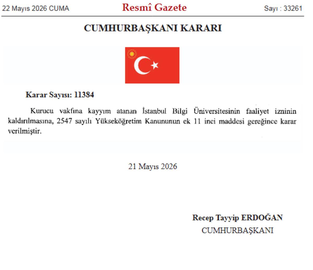 Resmi Gazete de yayımlandı! İstanbul Bilgi &Uuml;niversitesi kapatıldı 2