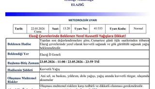 Meteorolojiden Elazığ i&ccedil;in kuvvetli yağış uyarısı