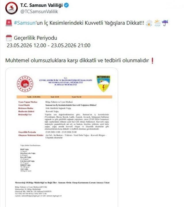 Samsun&rsquo;un i&ccedil; kesimleri i&ccedil;in kuvvetli yağış uyarısı 2