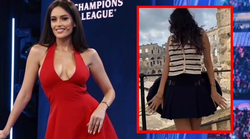 Spiker Eva Murati r&uuml;zgarın azizliğine uğradı! Eteği havalandı