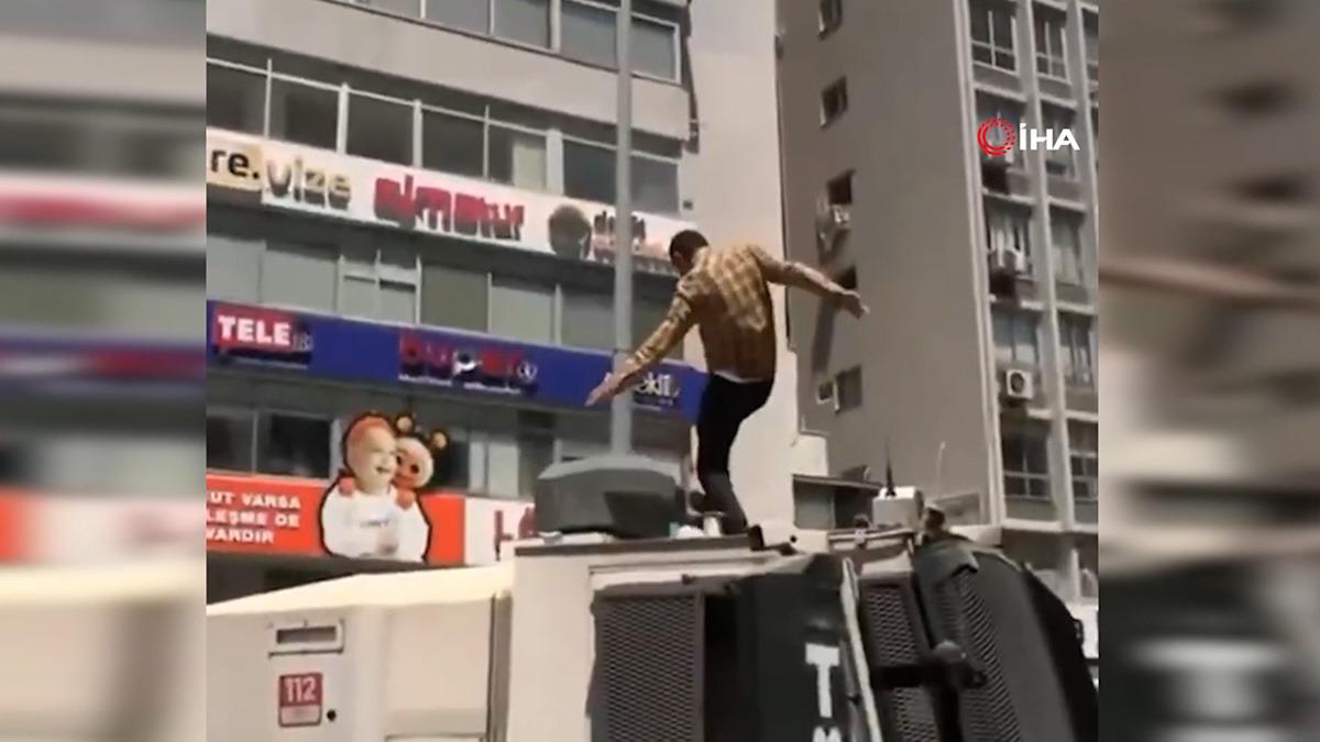 İzmir mitingi öncesi TOMA'nın üzerine çıkmıştı! Gözaltına alındı