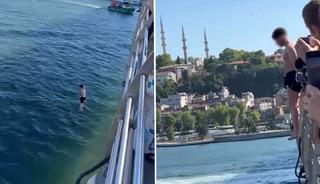 Hali&ccedil; K&ouml;pr&uuml;s&uuml;&rsquo;nde gen&ccedil;lerin tehlikeli atlayışı kamerada