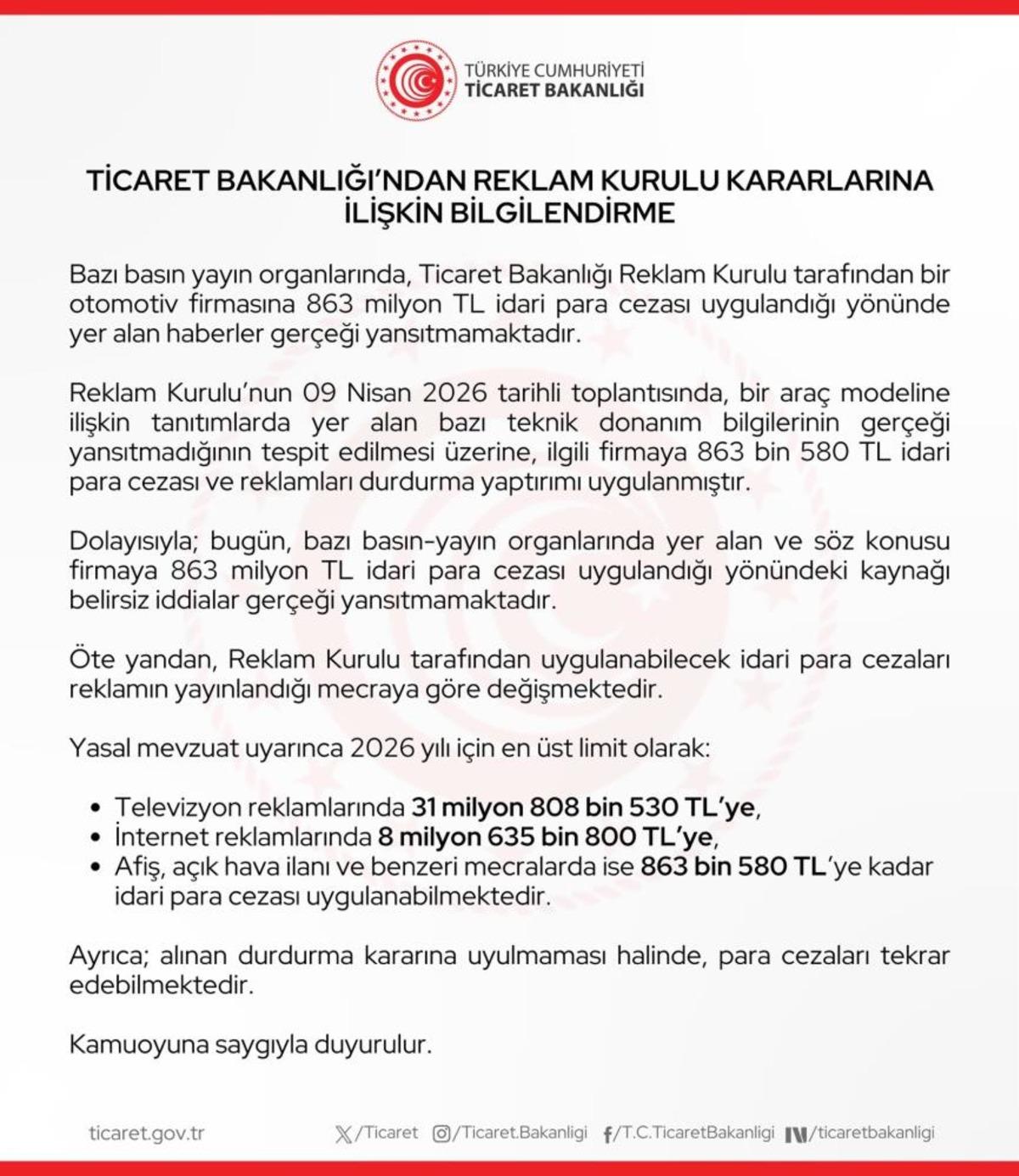 Ticaret Bakanlığı:  Otomotiv firmasına 863 milyon TL para cezası uygulandı  iddiası ger&ccedil;eği yansıtmamaktadır 2