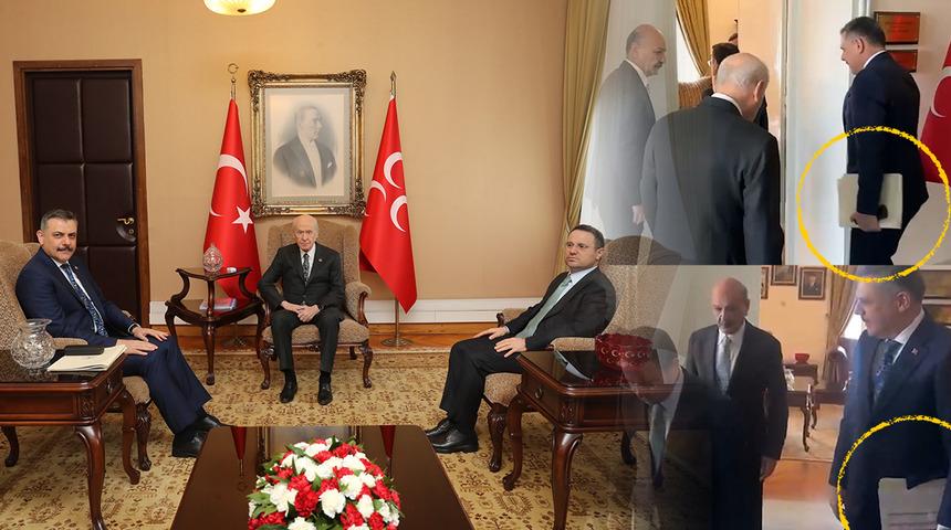 Elindeki dosyalar dikkat &ccedil;ekti! Bakanlar &Ccedil;ift&ccedil;i ve G&uuml;rlek'ten MHP lideri Bah&ccedil;eli'ye ziyaret