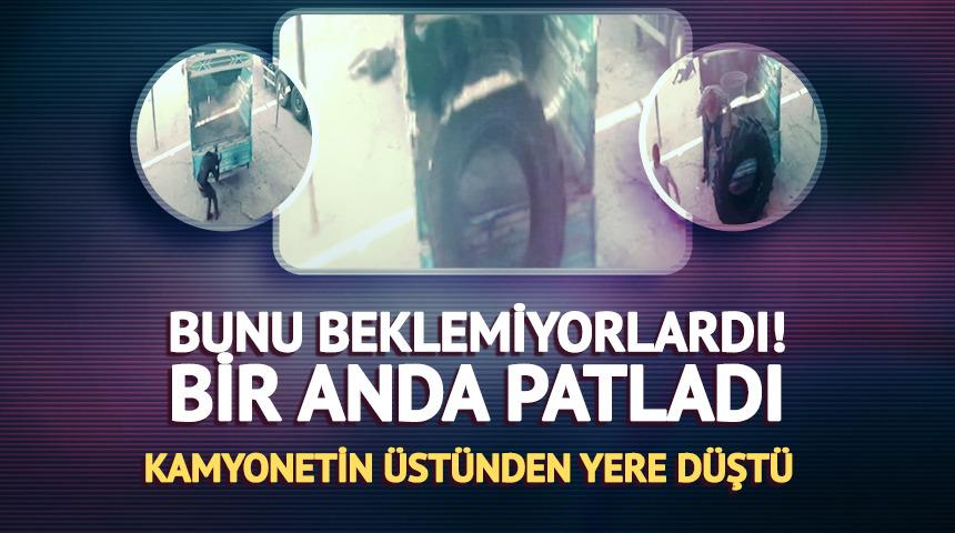 Bir anda patladı: Kamyonun &uuml;st&uuml;nden yere d&uuml;şt&uuml;