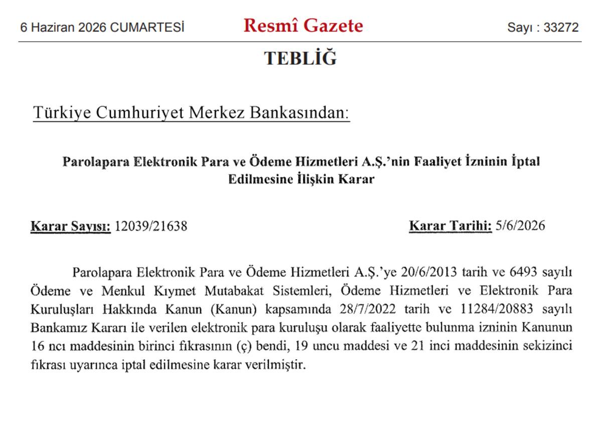 TCMB, Parolapara Elektronik Para ve &Ouml;deme Hizmetleri AŞ nin faaliyet iznini iptal etti 2