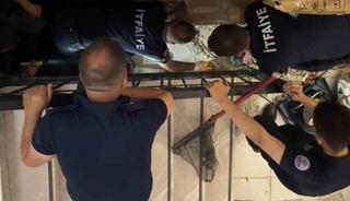 Merdiven boşluğuna sıkışan kedi merdiven ve fayans kırılarak kurtarıldı