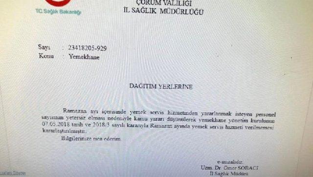 Çorum Sağlık Müdürlüğü 11 personelin yemeğini dışarıdan karşılayacak